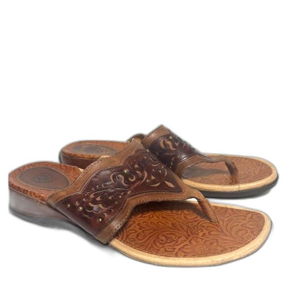 Ariat Leather Flip Flop Sandals Tooled size 10 Brown Tan boho western wedge heel - Picture 1 of 6
